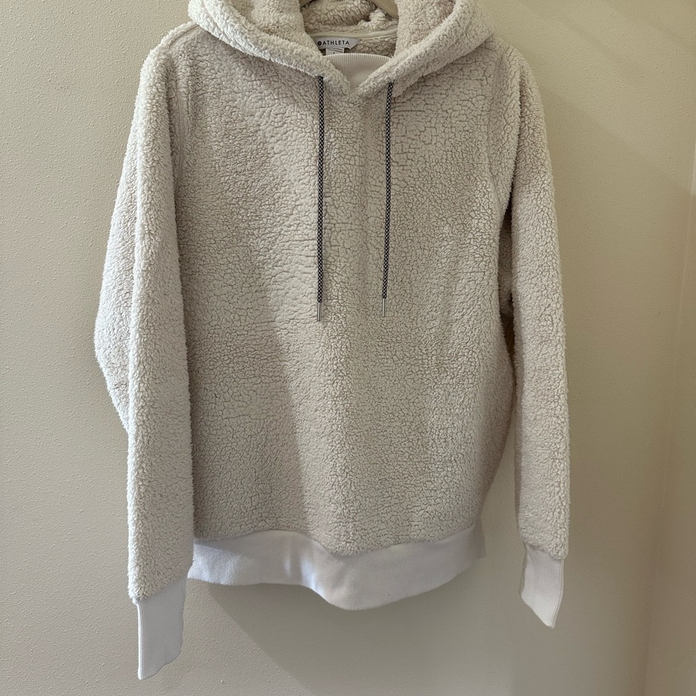 Athleta Sherpa Hooded Sweater with black and cream strings, Size Large